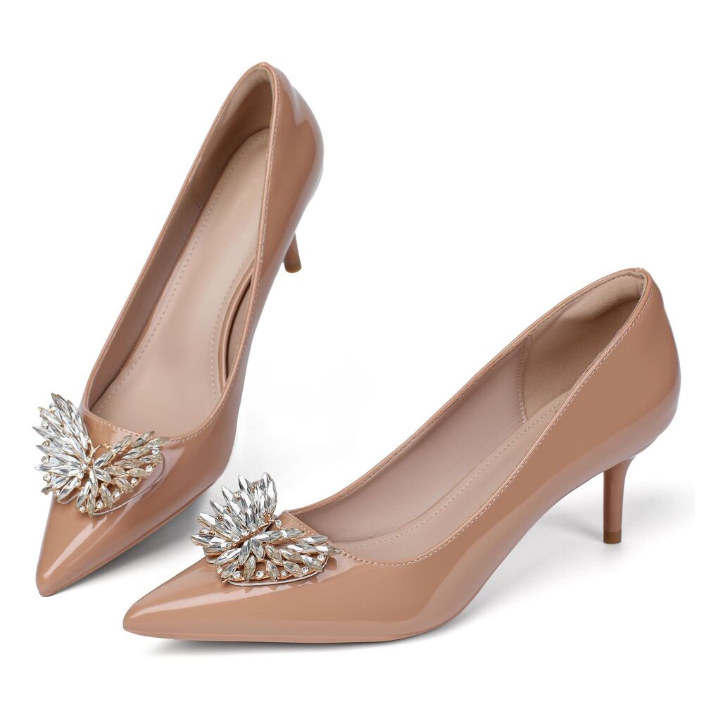 Rhinestone Butterfly 2" High Heels Pumps Pointed Toe (Nude, Size 4.5 - 5)